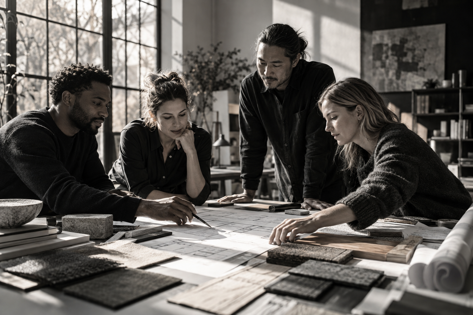Creative professionals working together around a studio table with plans and design materials
